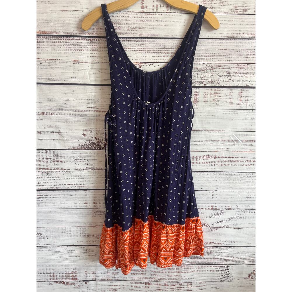 ROXY Shadow Play Tank Sundress flowy navy blue batik-style print coral hem S - Picture 5 of 12